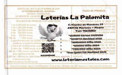 Reverso del décimo 91756 con el sello de la Administración «La Palomita», en Móstoles